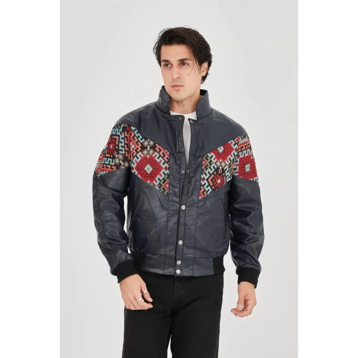 Erkek İçi Astarlı İçten Yaka Kısmı Peluşlu uni Kumaş Vintage Ceket  acivert