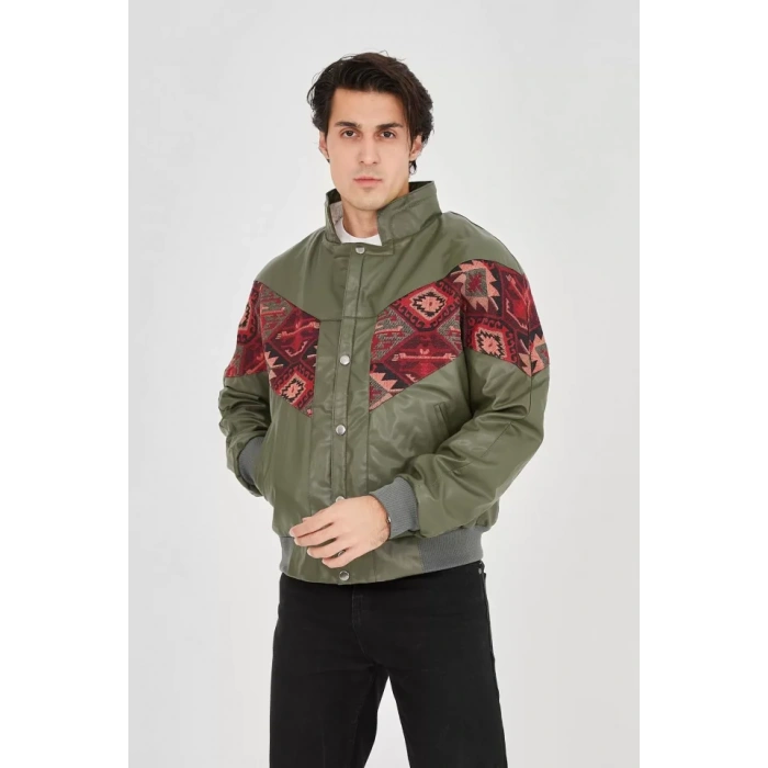 Erkek İçi Astarlı İçten Yaka Kısmı Peluşlu uni Kumaş Vintage Ceket  Haki