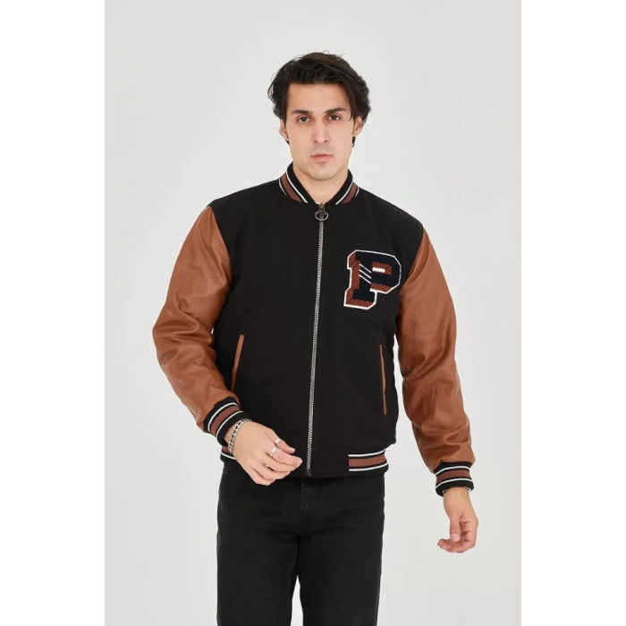 Erkek İçten Elyaf Ve Astarlı Kolları uni Deri Ceket  Kahverengi