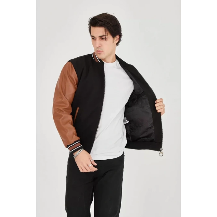 Erkek İçten Elyaf Ve Astarlı Kolları uni Deri Ceket  Kahverengi