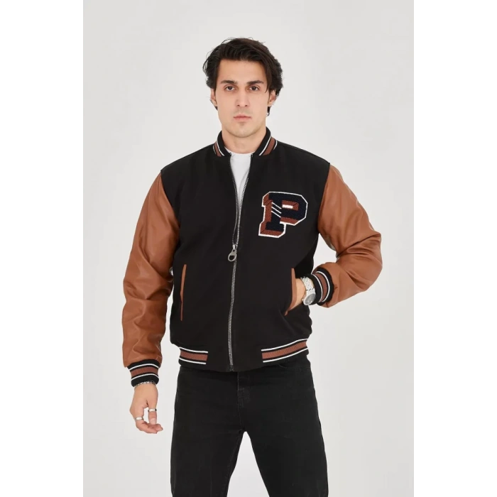 Erkek İçten Elyaf Ve Astarlı Kolları uni Deri Ceket  Kahverengi