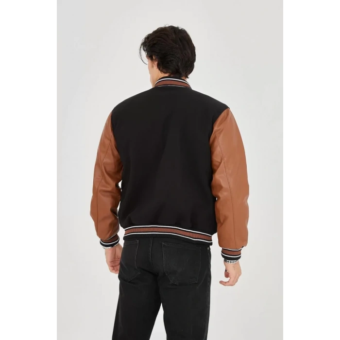 Erkek İçten Elyaf Ve Astarlı Kolları uni Deri Ceket  Kahverengi