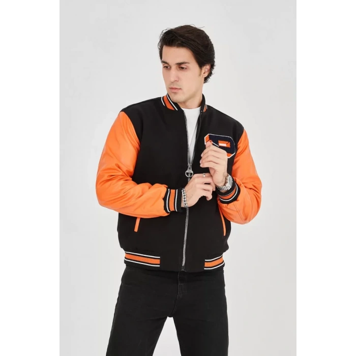 Erkek İçten Elyaf Ve Astarlı Kolları uni Deri Ceket  Turuncu