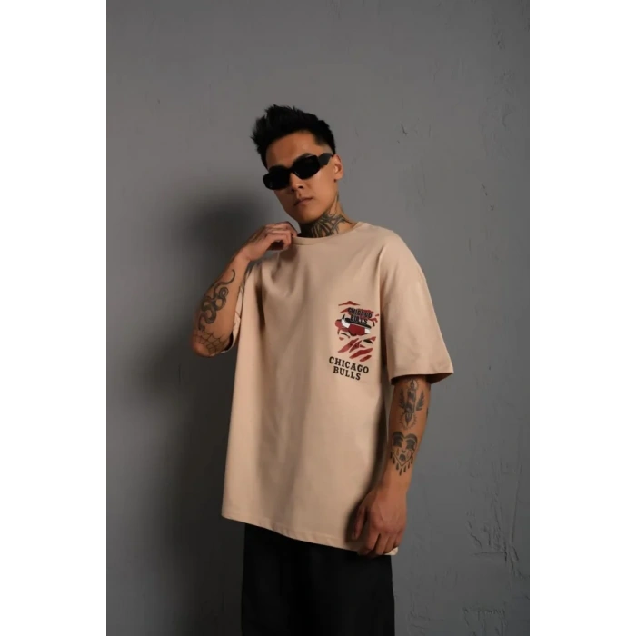 Erkek ırt Baskılı A Kalite Oversize Tshirt  Bej