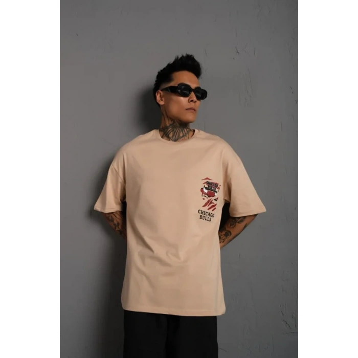 Erkek ırt Baskılı A Kalite Oversize Tshirt  Bej