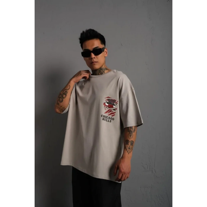 Erkek ırt Baskılı A Kalite Oversize Tshirt  Gri