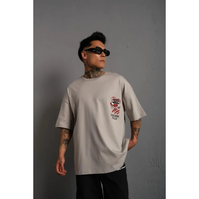 Erkek ırt Baskılı A Kalite Oversize Tshirt  Gri