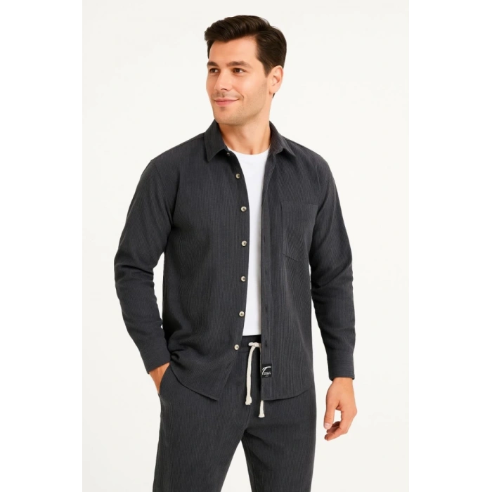 Erkek Kadife Oversize Takım – Gömlek Ve Pantolon İkili et Füme Corduroy Şıklığı, Rahat Ve Zarif Duruş Yumuşak Dokulu Kadife Kumaş, Düğmeli Gömlek Üst Ve astikli Pantolon Alt Parça Ile Gün Boyu Konfor Füme