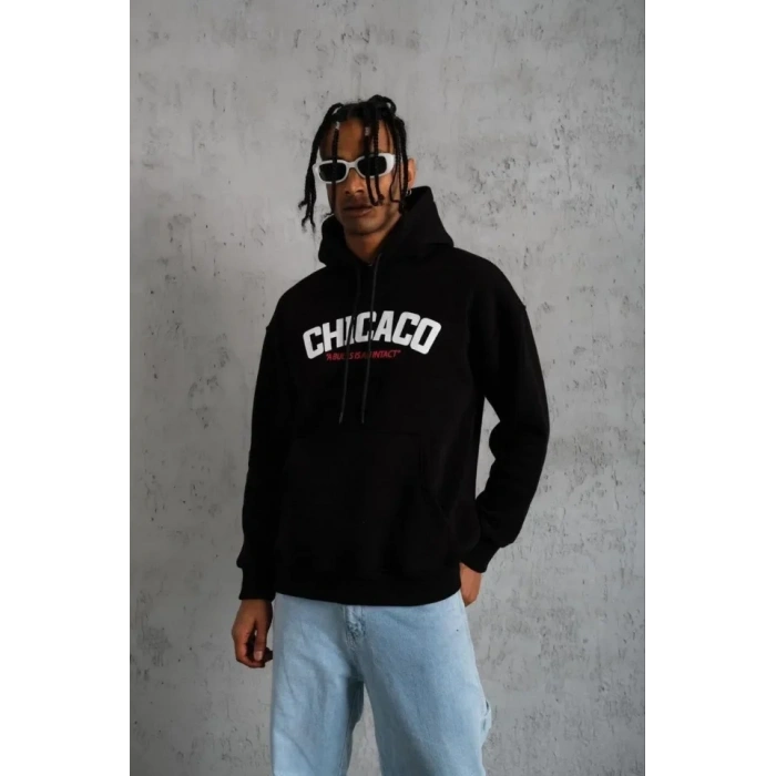 Erkek Kanguru Cepli Baskılı Kapüşonlu weatshirt  iyah