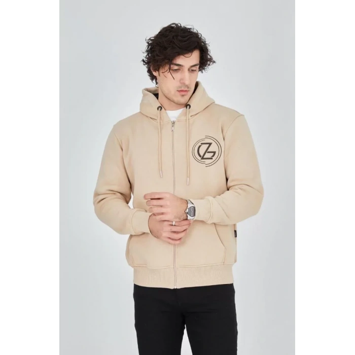 Erkek Kapüşonlu Baskılı Fermuarlı Hırka  Bej