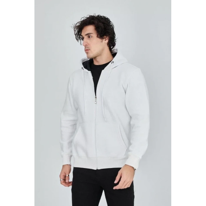 Erkek Kapüşonlu Düz Fermuarlı Hırka  Beyaz