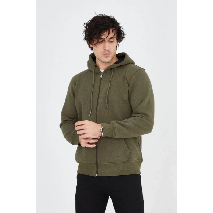 Erkek Kapüşonlu Düz Fermuarlı Hırka  Yeşil