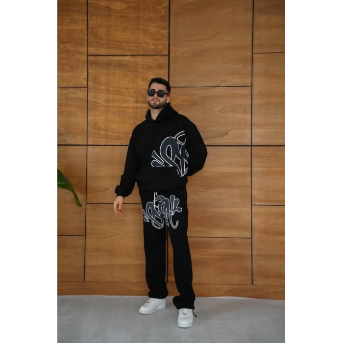 Erkek Kapüşonlu Eşofman Takım Graffiti Baskılı Oversize Rahat Kalıp, Kanguru Cepli, treetwear Tarzında Premium Ürün 3 Iplik Pamuklu  iyah