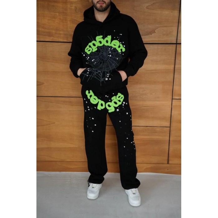 Erkek Kapüşonlu Eşofman Takım Örümcek Ağı Ve Neon Yeşil Baskılı Kanguru Cepli Oversize Rahat Kalıp, Premium Üç İplik Kumaş  iyah