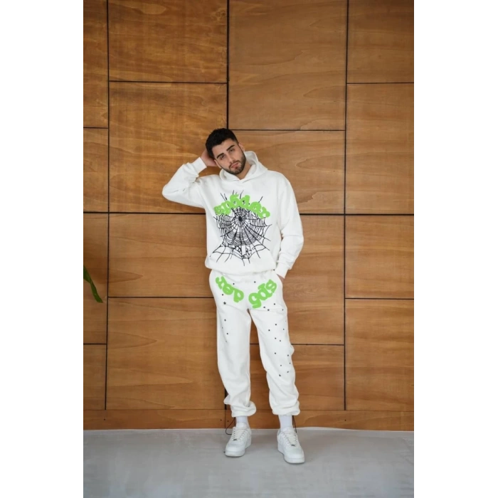 Erkek Kapüşonlu Eşofman Takım Örümcek Ağı Ve Neon Yeşil Baskılı Kanguru Cepli Oversize Rahat Kalıp, Premium Üç İplik Kumaş  Beyaz