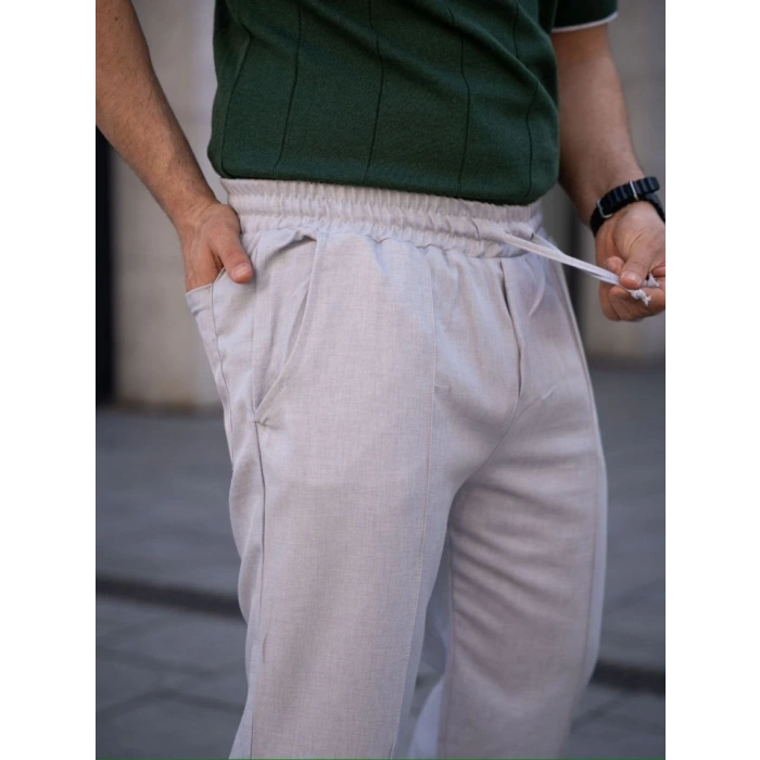 Erkek Keten Cepli Çıma Dikişli Jogger Buggy Pantalon Rahat Kalıp  Gri