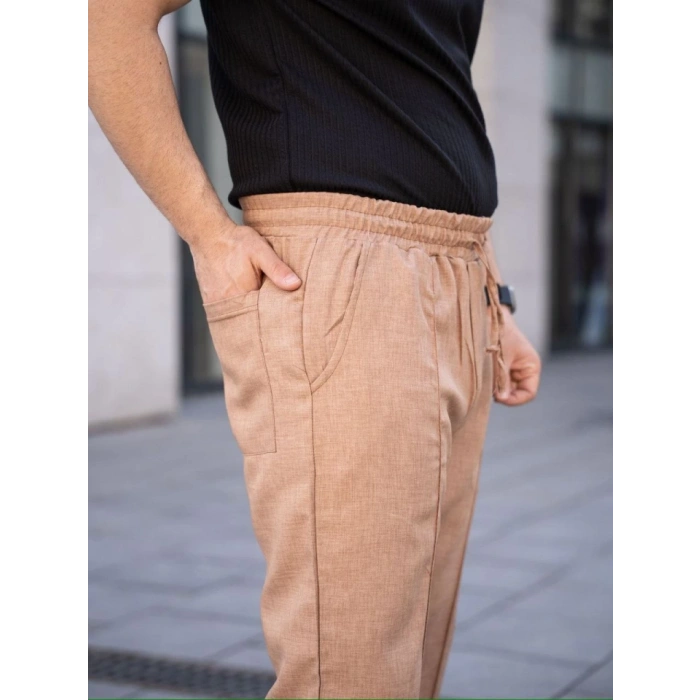 Erkek Keten Cepli Çıma Dikişli Jogger Buggy Pantalon Rahat Kalıp  Kahverengi