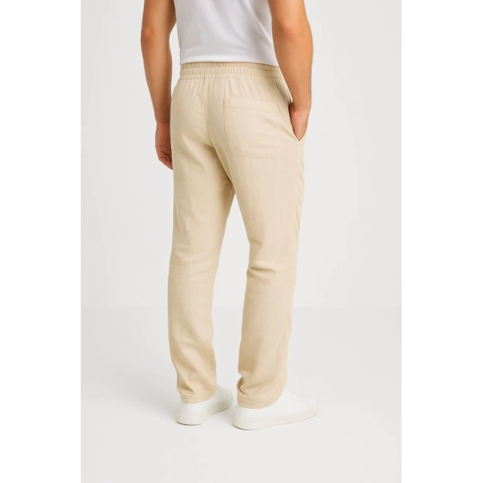 Erkek Keten Pantolon – Cepli, Beli astikli Ve Bağcıklı, Nefes Alan Rahat Kalıp, Yazlık Ve Baharlık Günlük Giyim, Şık  Konforlu Boru Paça odel  Bej