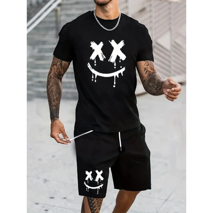 Erkek Kısa Kollu Bisiklet Yaka Baskılı Tişört Ipli Short Iki Iplik Takım