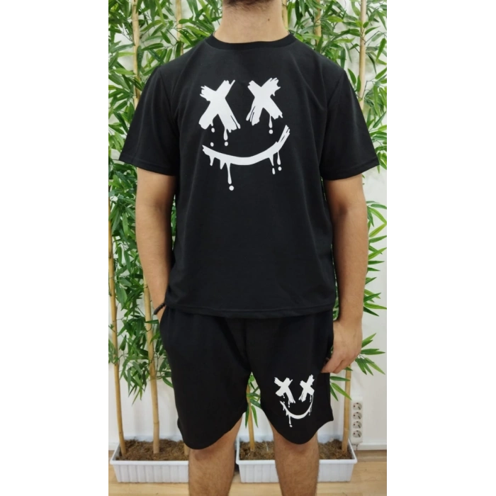 Erkek Kısa Kollu Bisiklet Yaka Baskılı Tişört Ipli Short Iki Iplik Takım