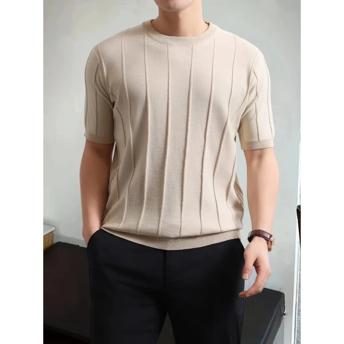 Erkek Kısa Kollu Bisiklet Yaka çizgili Triko Tişört