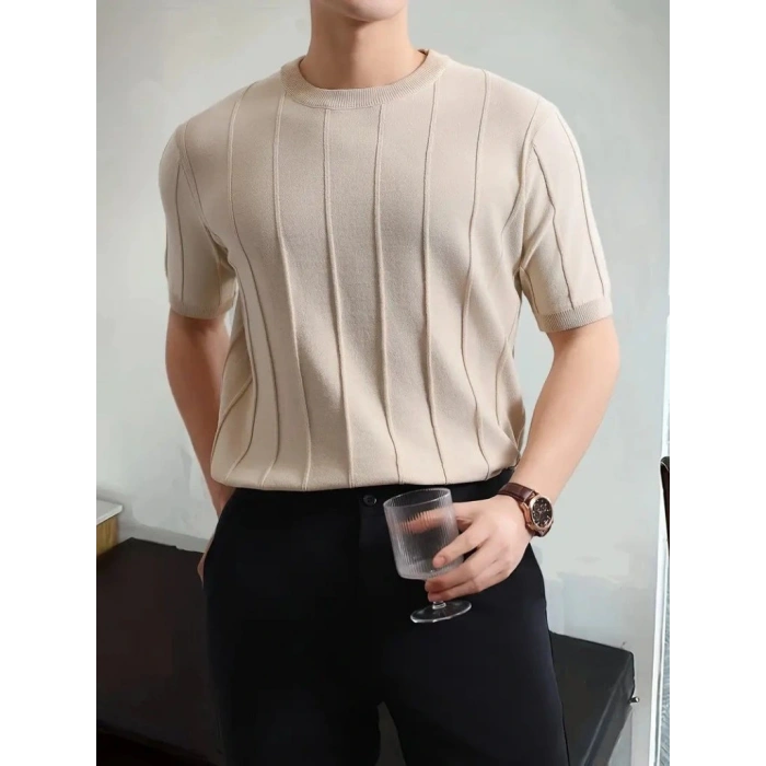 Erkek Kısa Kollu Bisiklet Yaka çizgili Triko Tişört