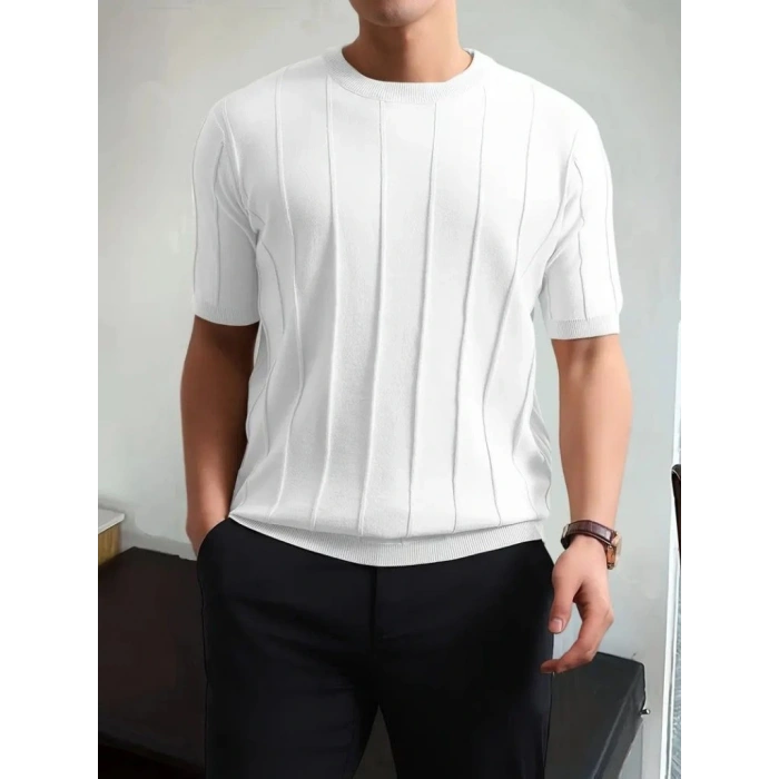 Erkek Kısa Kollu Bisiklet Yaka çizgili Triko Tshirt