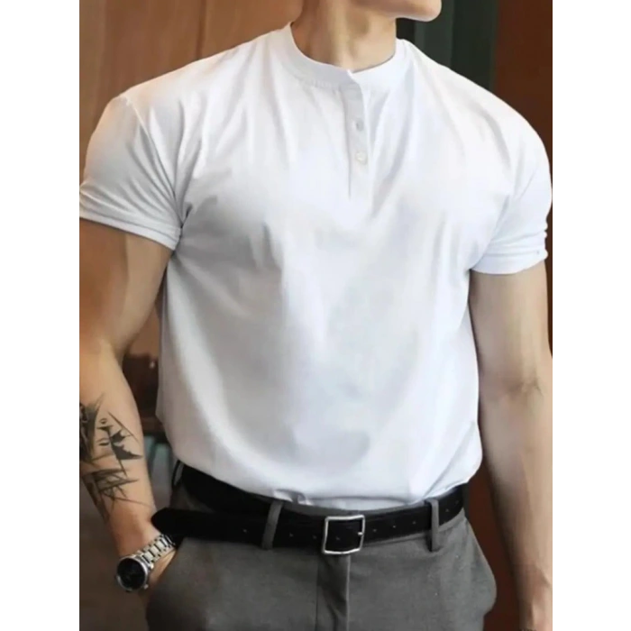 Erkek Kısa Kollu Hakim Yaka önü Düğmeli Viskon Tişört