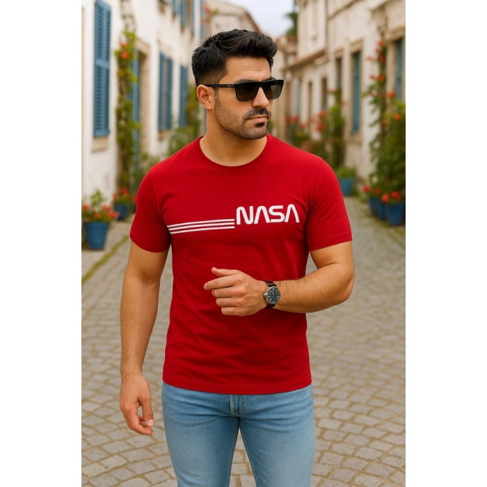 Erkek Kısa Kollu Nasa Baskı Basic Erkek Tshirt