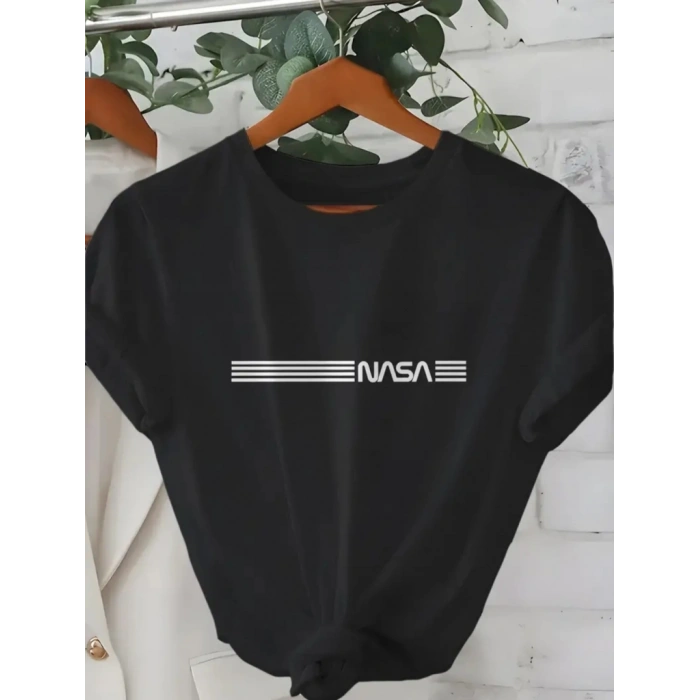 Erkek Kısa Kollu NASA Baskı Bisiklet Yaka Tshirt