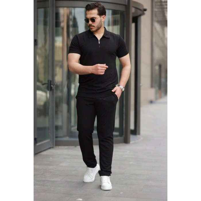 Erkek Kısa Kollu önden Fermuarlı Janjan Krep Tişört Ve Pantolon Ikili Takım