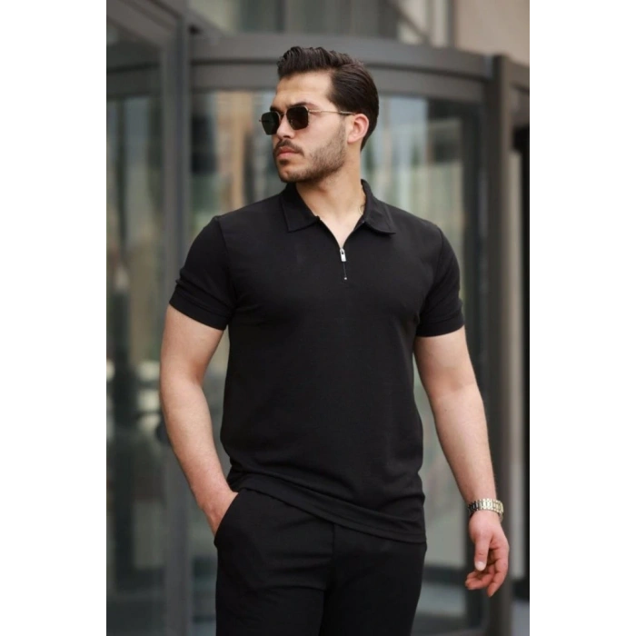 Erkek Kısa Kollu önden Fermuarlı Janjan Krep Tişört Ve Pantolon Ikili Takım