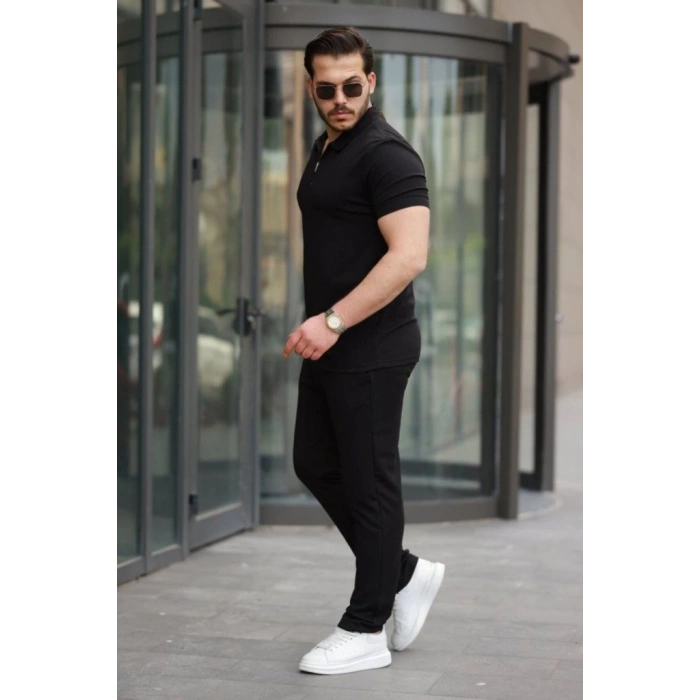 Erkek Kısa Kollu önden Fermuarlı Janjan Krep Tişört Ve Pantolon Ikili Takım