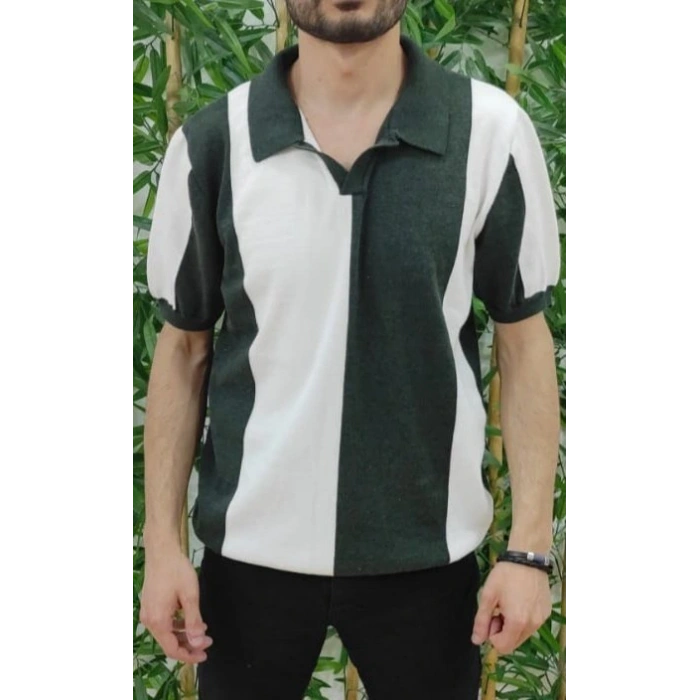 Erkek Kısa Kollu Polo Yakalı Blok Desenli Triko Tişört