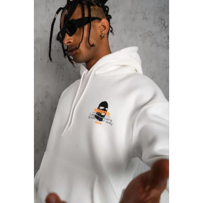 Erkek Kordonlu aske Baskılı Kapüşonlu weat  Beyaz