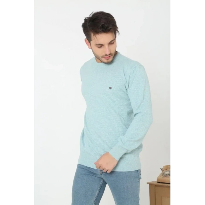 Erkek Nakış İşlemeli Peteli Triko Kazak  Mavi