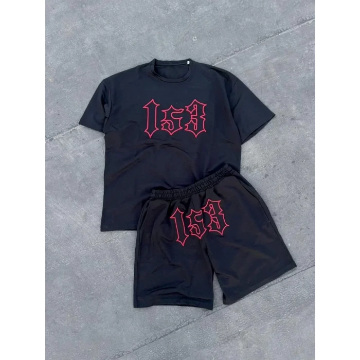 Erkek Nakış İşlemeli Şortlu Takım  iyah