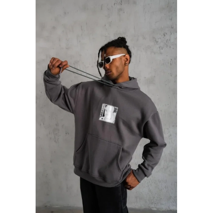 Erkek Ön Arka Baskılı Kapşonlu weat  Gri