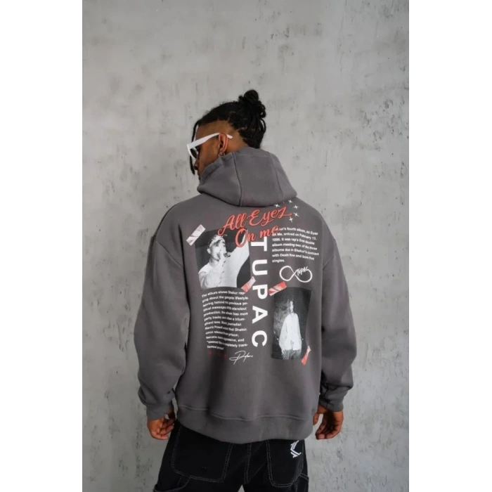 Erkek Ön Arka Baskılı Kapşonlu weat  Gri