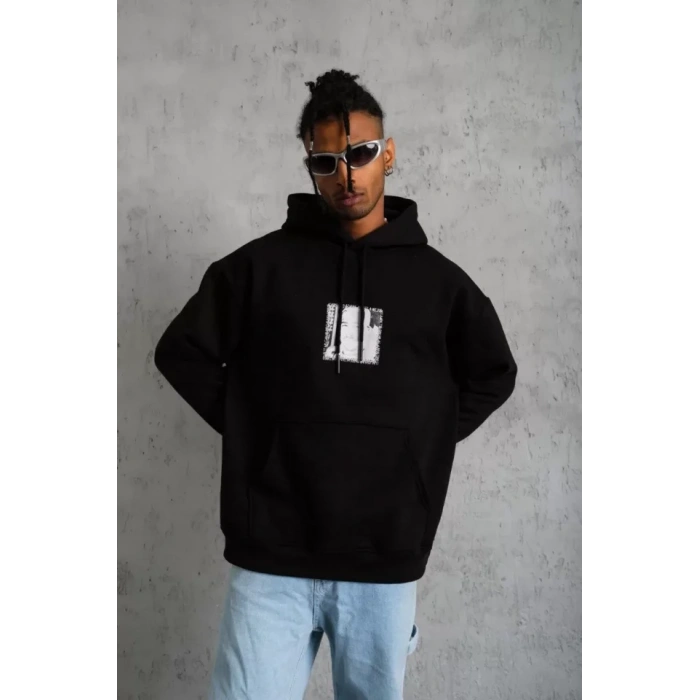 Erkek Ön Arka Baskılı Kapşonlu weat  iyah