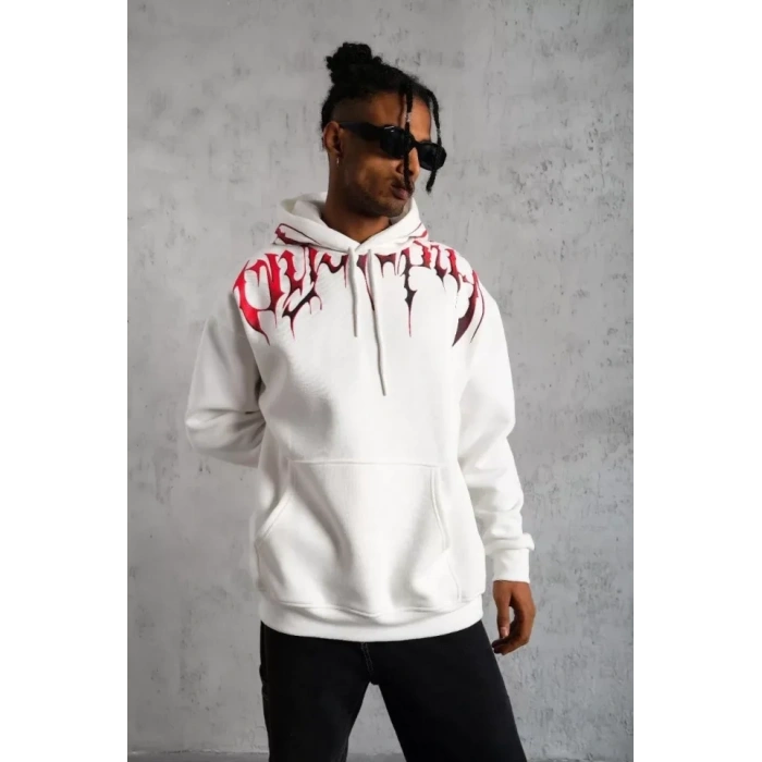 Erkek Ön Ve Arka Baskılı Kapüşonlu 3 İplik weatshirt  Beyaz