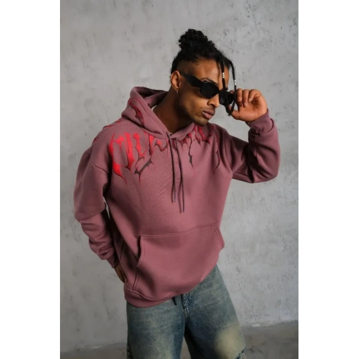 Erkek Ön Ve Arka Baskılı Kapüşonlu 3 İplik weatshirt  Gül Kurusu