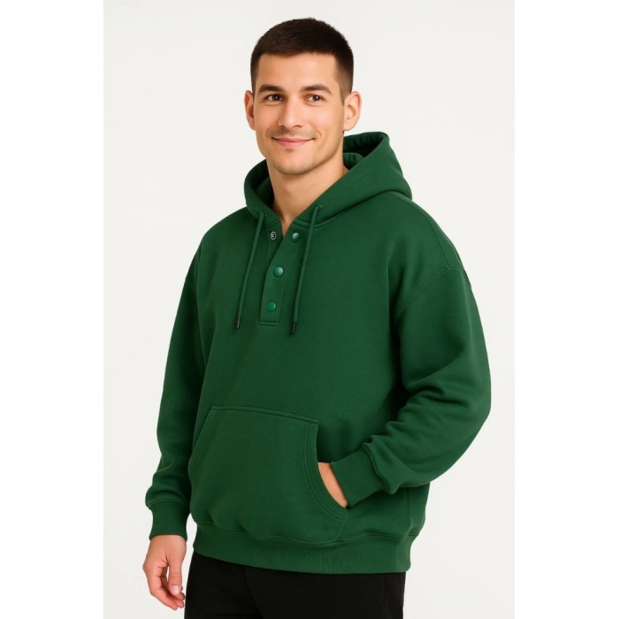 Erkek Ovarsize Kapüşonlu wetshirt Kanguru Çepli Cıtcıtlı 3 Iplik Şardonlu Hoodie  Haki