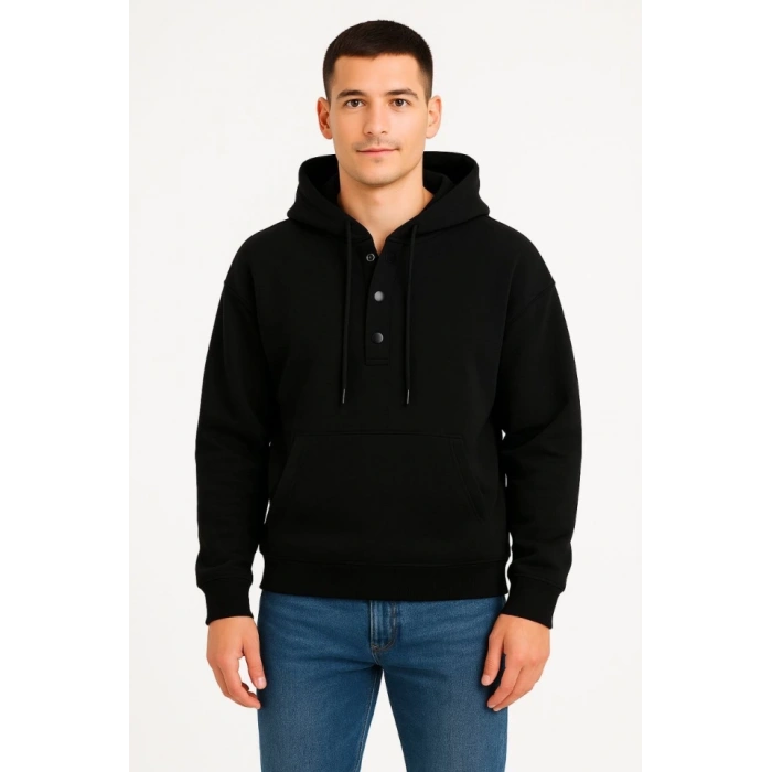 Erkek Ovarsize Kapüşonlu wetshirt Kanguru Çepli Cıtcıtlı 3 Iplik Şardonlu Hoodie  iyah