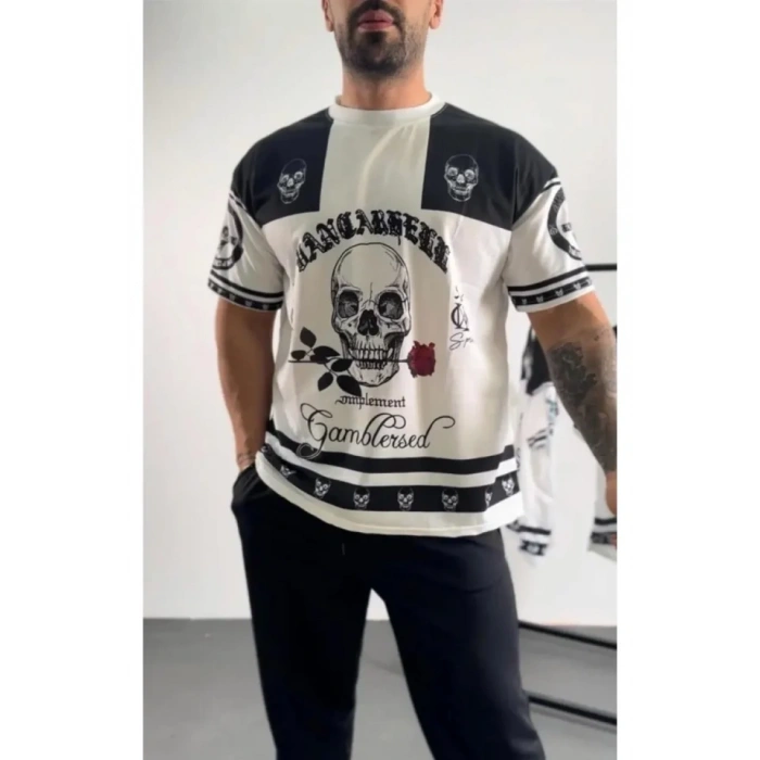 Erkek Oversize Dijital Baskılı Kuru Kafa Tshirt  Beyaz