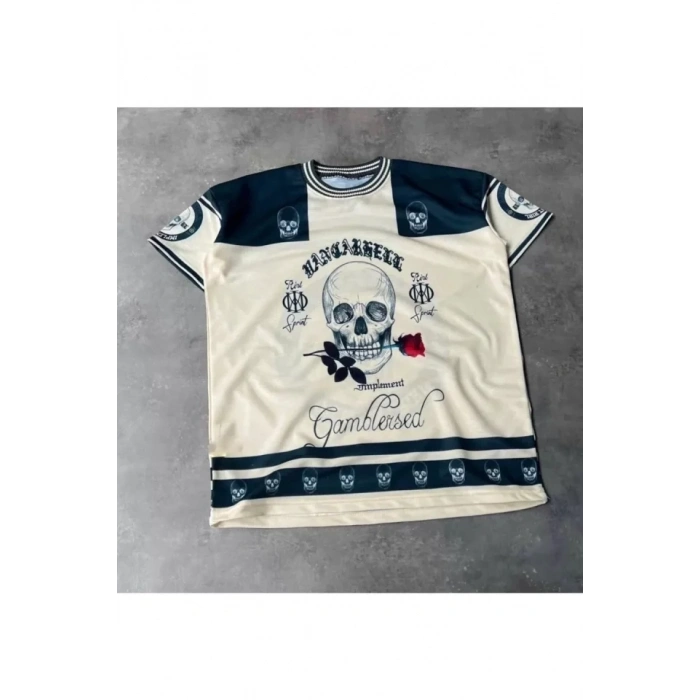 Erkek Oversize Dijital Baskılı Kuru Kafa Tshirt  Beyaz