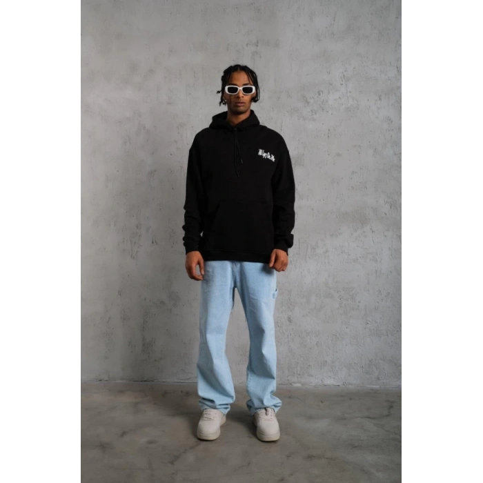 Erkek Oversize Üç İplik Kapüşonlu weat – iyah Kol Ve Etek Ribana Detaylı, Ön Ve ırt Baskılı, Kanguru Cepli Rahat Kalıp odel