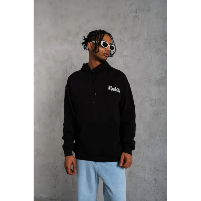 Erkek Oversize Üç İplik Kapüşonlu weat – iyah Kol Ve Etek Ribana Detaylı, Ön Ve ırt Baskılı, Kanguru Cepli Rahat Kalıp odel