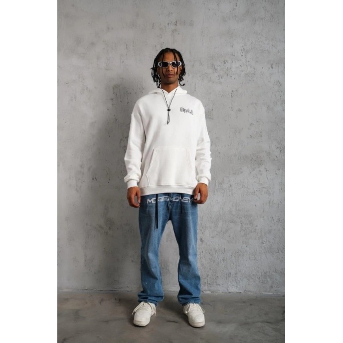 Erkek Oversize Üç İplik Kapüşonlu weat – Kol Ve Etek Ribana Detaylı, Ön Ve ırt Baskılı, Kanguru Cepli Rahat Kalıp odel  Beyaz
