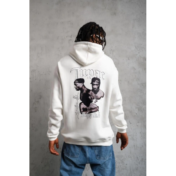 Erkek Oversize Üç İplik Kapüşonlu weat – Kol Ve Etek Ribana Detaylı, Ön Ve ırt Baskılı, Kanguru Cepli Rahat Kalıp odel  Beyaz